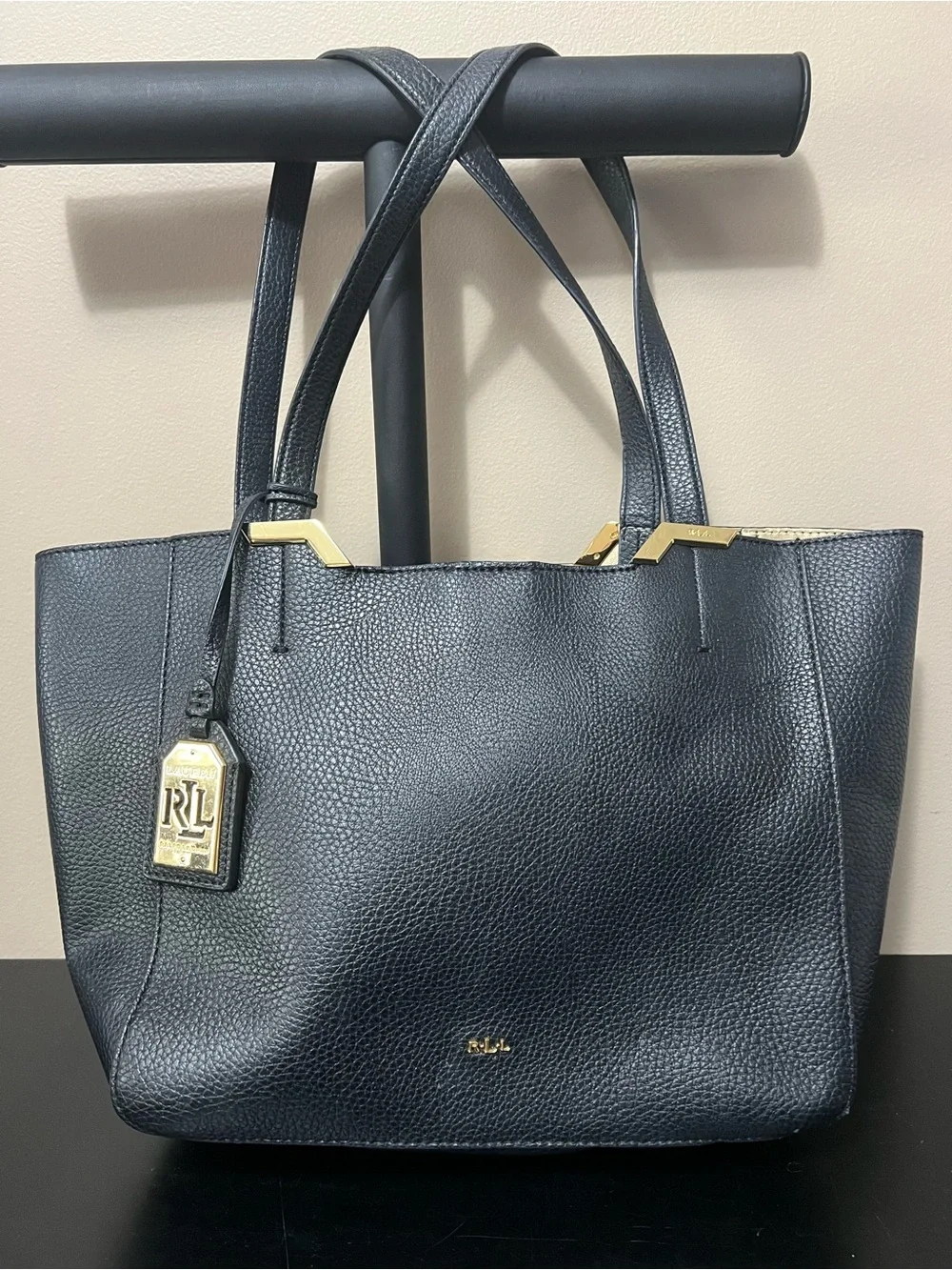 Lauren Ralph Lauren Arcadia Black Pebbled Leather Tote with Gold Accents